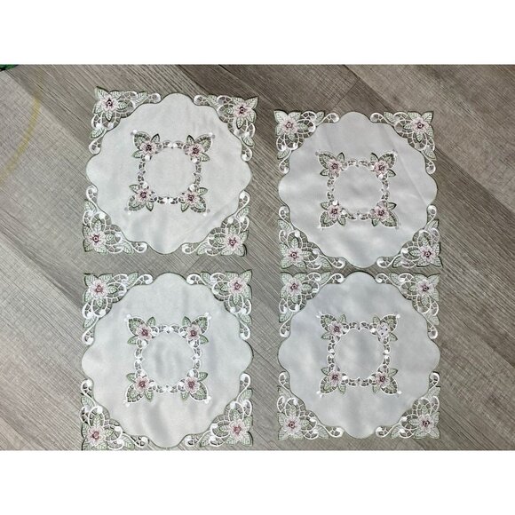 Set Of 4 Embroidered Doilies Pink Green Floral Lattice 9” Square NEW - Picture 2 of 10